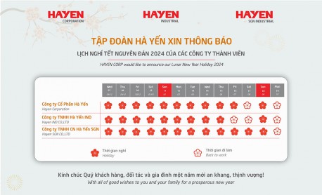 Tập đoàn Hà Yến thông báo lịch nghỉ lễ Tết Nguyên Đán năm 2024
