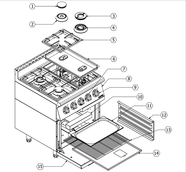 Hình ảnh mô tả cấu tạo của bếp Âu 4 họng có lò nướng